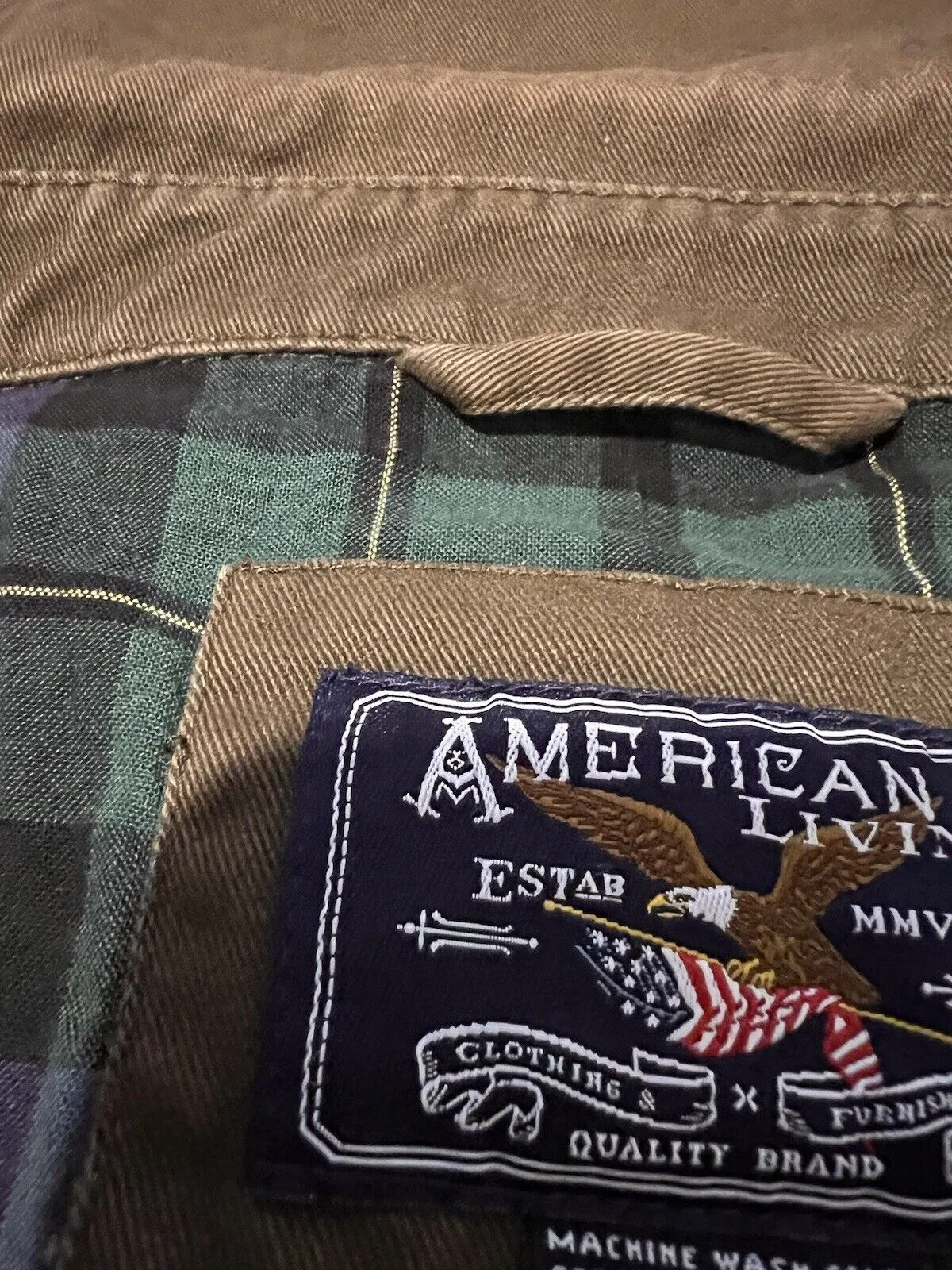 AMERICAN LIVING Khaki Jacket Size XL Short Zip Plaid Lining
