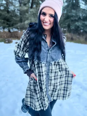 Aubrey Plaid Tunic Button Down- BLK