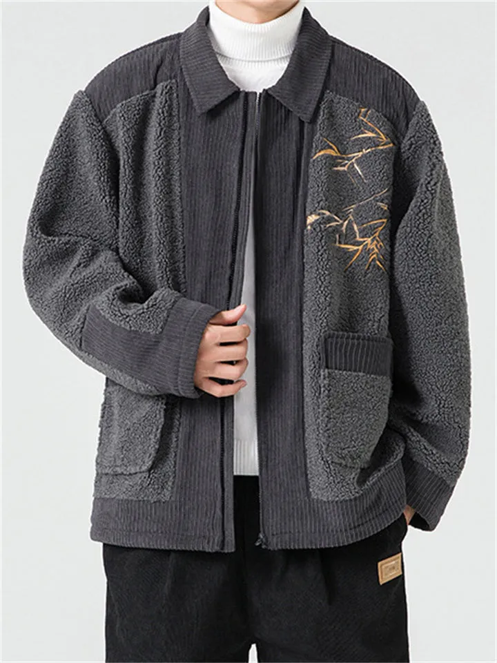 Bamboo Leaf Embroidery Corduroy Lapel Jacket for Men