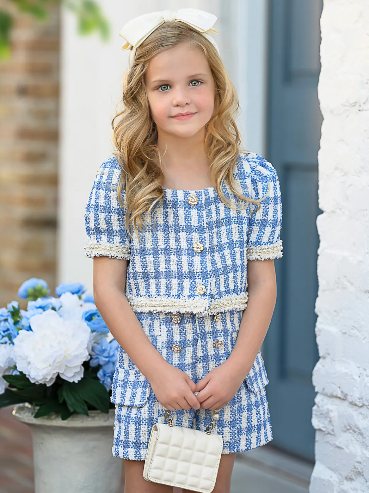 Blue Gingham Puff Sleeve Tweed Top and Short Set