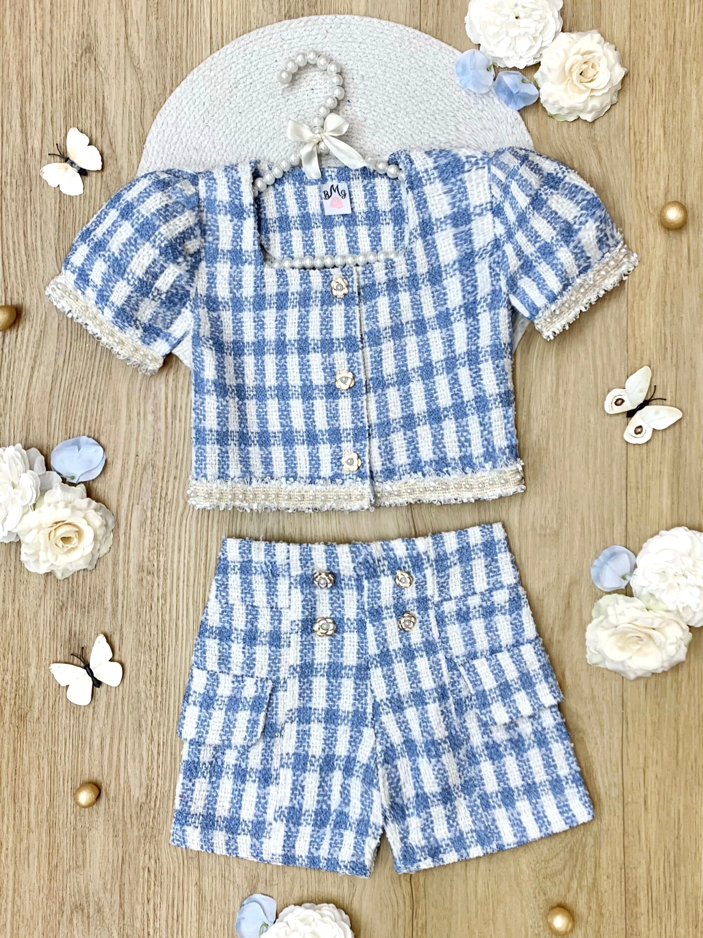 Blue Gingham Puff Sleeve Tweed Top and Short Set