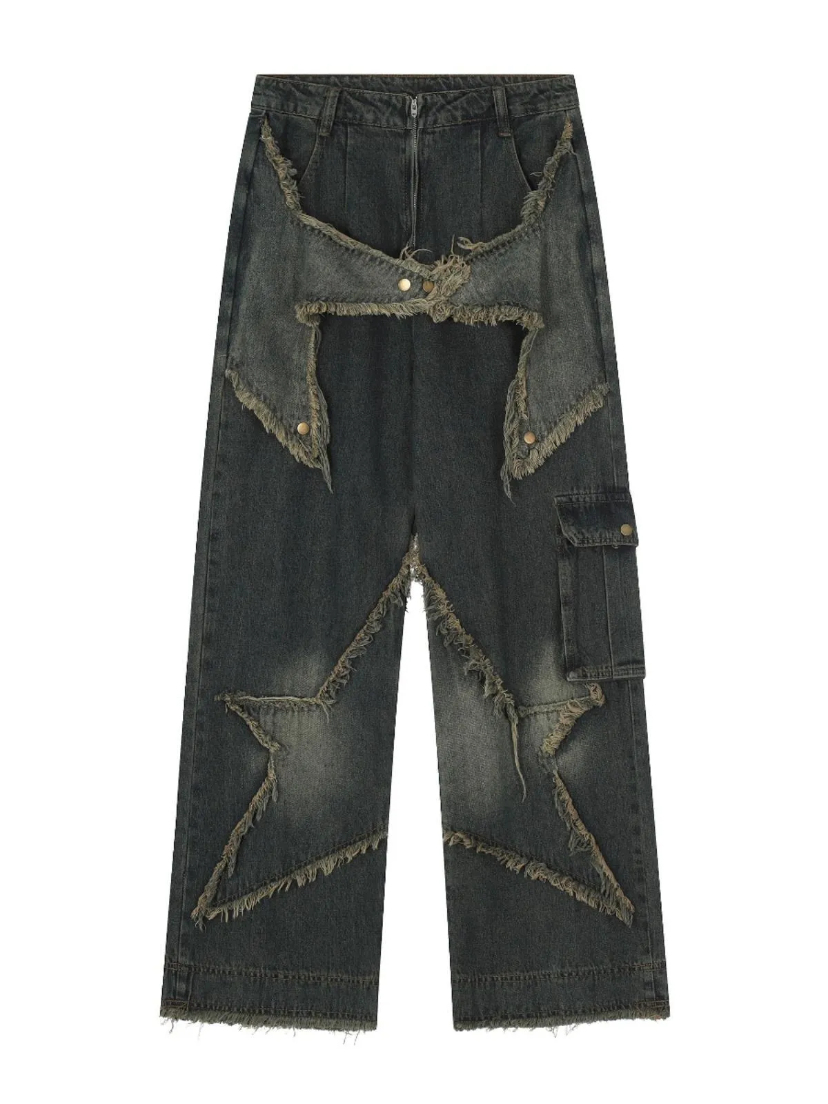Bonsir skater boy outfits American-Style Retro Multi-Pocket Star Frayed Jeans Men's and Women's Loose Washed Distressed Wide-Leg Pants Summer