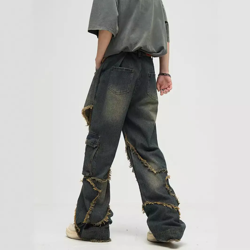 Bonsir skater boy outfits American-Style Retro Multi-Pocket Star Frayed Jeans Men's and Women's Loose Washed Distressed Wide-Leg Pants Summer