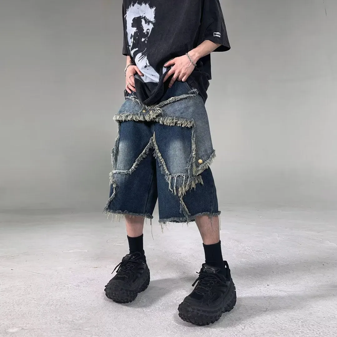 Bonsir skater boy outfits American-Style Retro Multi-Pocket Star Frayed Jeans Men's and Women's Loose Washed Distressed Wide-Leg Pants Summer