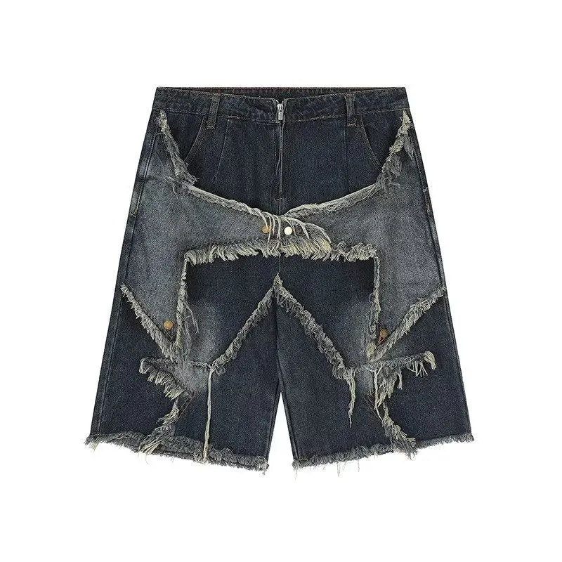 Bonsir skater boy outfits American-Style Retro Multi-Pocket Star Frayed Jeans Men's and Women's Loose Washed Distressed Wide-Leg Pants Summer