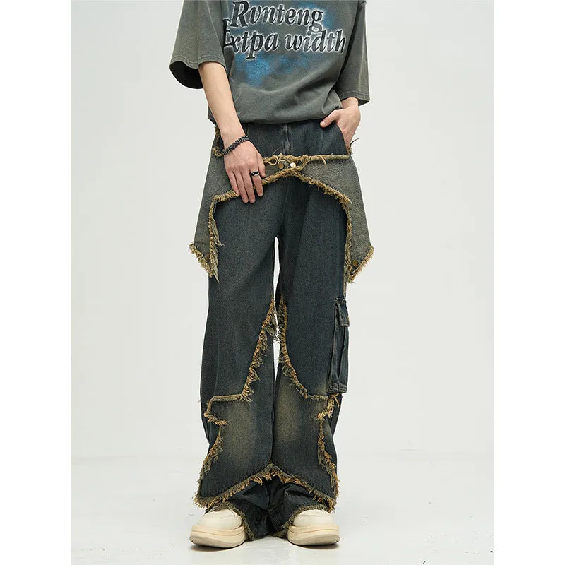 Bonsir skater boy outfits American-Style Retro Multi-Pocket Star Frayed Jeans Men's and Women's Loose Washed Distressed Wide-Leg Pants Summer