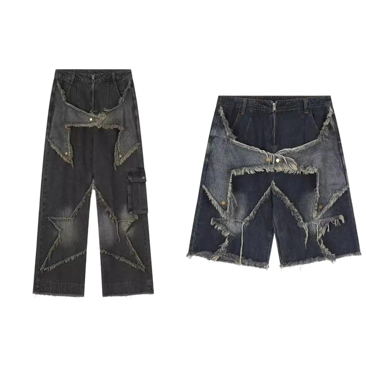 Bonsir skater boy outfits American-Style Retro Multi-Pocket Star Frayed Jeans Men's and Women's Loose Washed Distressed Wide-Leg Pants Summer