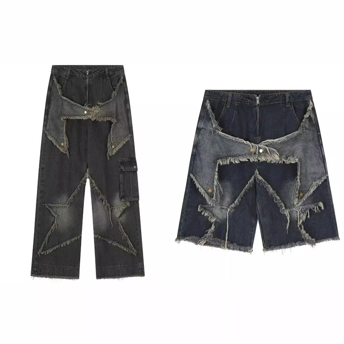 Bonsir skater boy outfits American-Style Retro Multi-Pocket Star Frayed Jeans Men's and Women's Loose Washed Distressed Wide-Leg Pants Summer