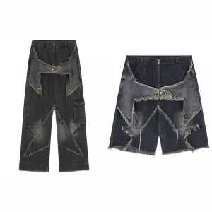 Bonsir skater boy outfits American-Style Retro Multi-Pocket Star Frayed Jeans Men's and Women's Loose Washed Distressed Wide-Leg Pants Summer