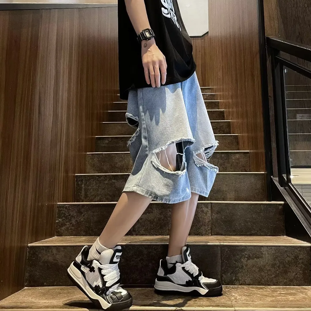 Bonsir skater boy outfits Summer Fashion Brand Thin Knee Ripped Jeans Men's American-Style Loose Straight Wide-Leg Pants Trendy Shorts