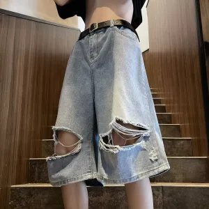Bonsir skater boy outfits Summer Fashion Brand Thin Knee Ripped Jeans Men's American-Style Loose Straight Wide-Leg Pants Trendy Shorts