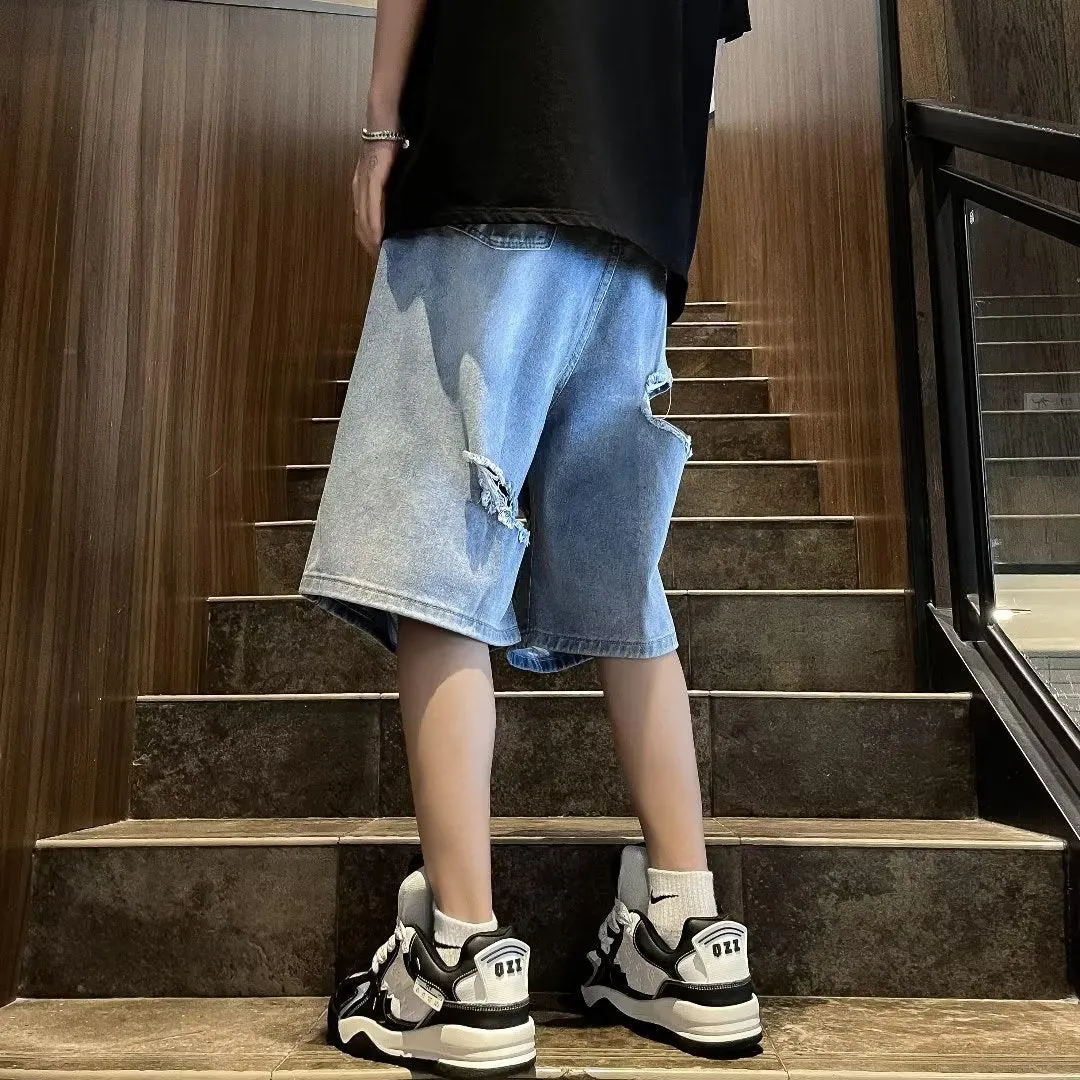 Bonsir skater boy outfits Summer Fashion Brand Thin Knee Ripped Jeans Men's American-Style Loose Straight Wide-Leg Pants Trendy Shorts