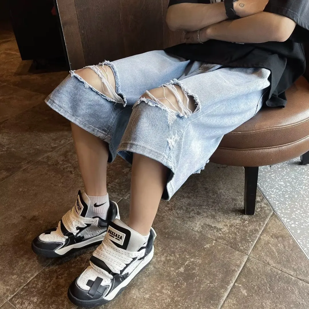 Bonsir skater boy outfits Summer Fashion Brand Thin Knee Ripped Jeans Men's American-Style Loose Straight Wide-Leg Pants Trendy Shorts