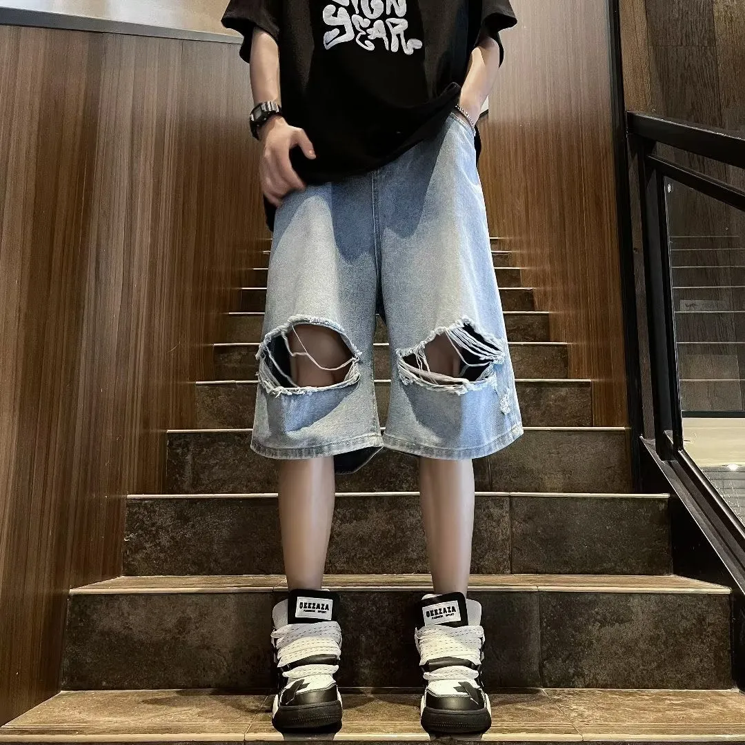 Bonsir skater boy outfits Summer Fashion Brand Thin Knee Ripped Jeans Men's American-Style Loose Straight Wide-Leg Pants Trendy Shorts
