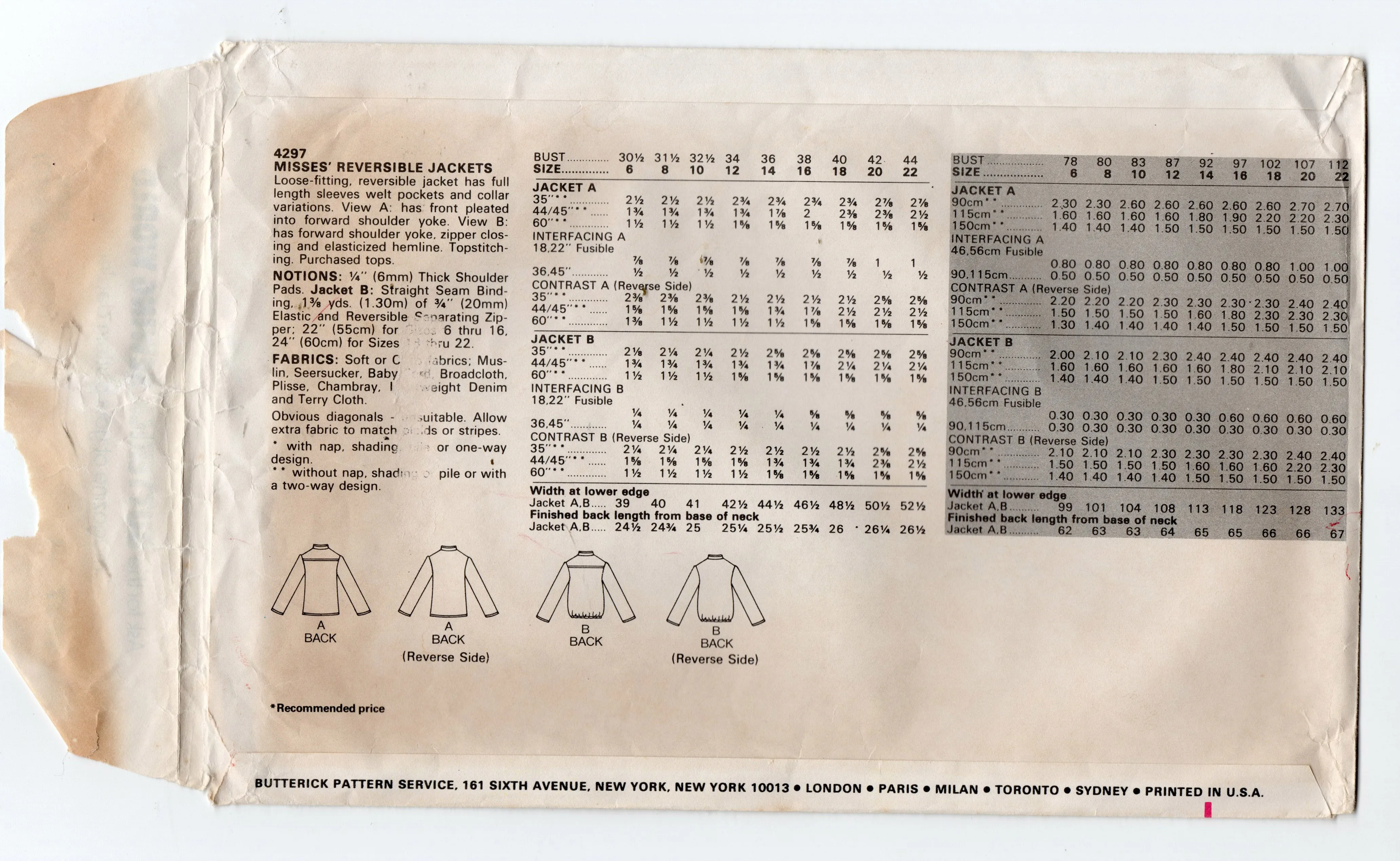 Butterick 4297 Womens Reversible Jackets 1980s Vintage Sewing Pattern Size 6 - 10