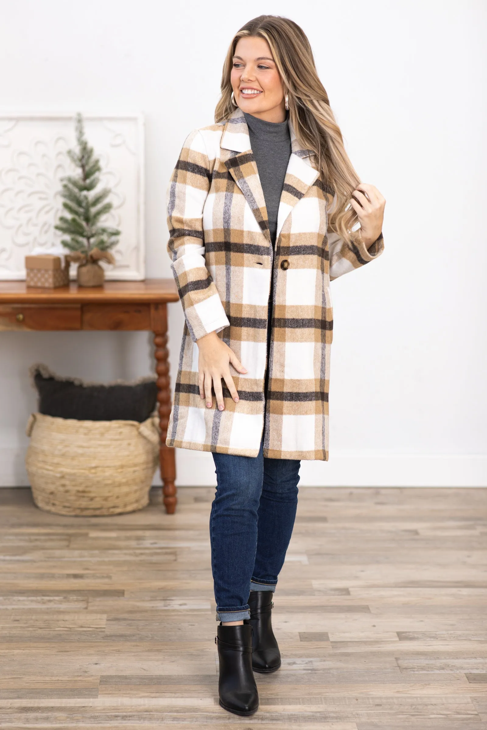 Camel and Brown Plaid Single Breasted Jacket