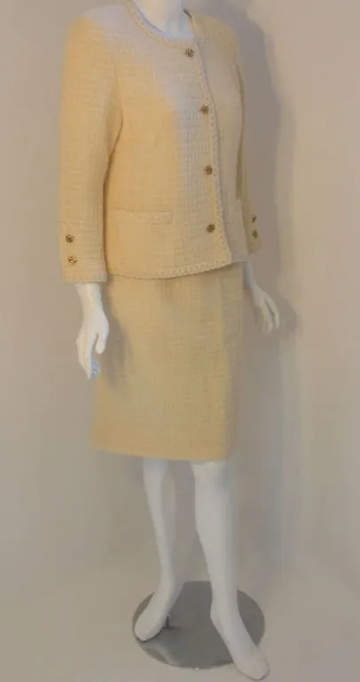 CHANEL 1980s 2 pc Cream Wool Skirt Set Size 44