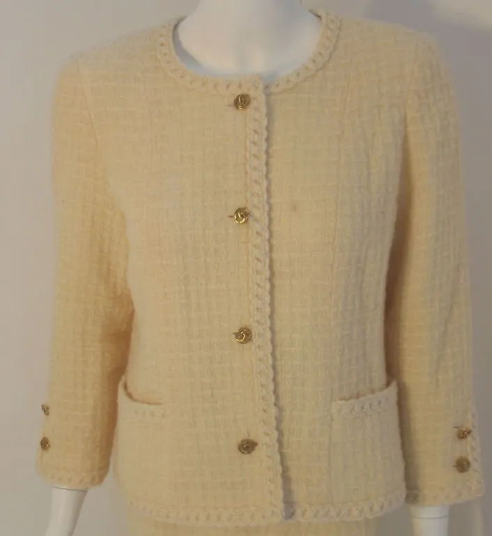 CHANEL 1980s 2 pc Cream Wool Skirt Set Size 44