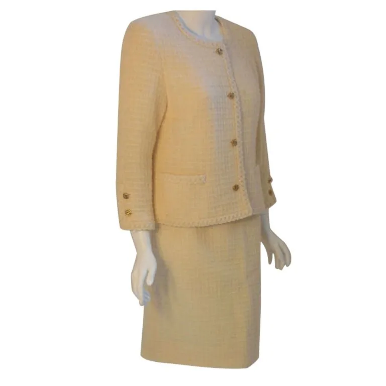 CHANEL 1980s 2 pc Cream Wool Skirt Set Size 44