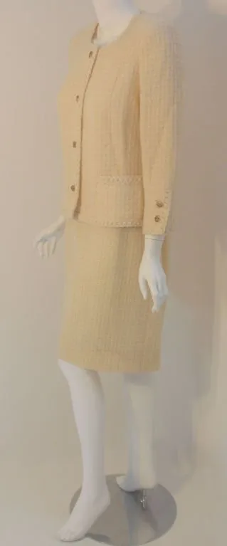 CHANEL 1980s 2 pc Cream Wool Skirt Set Size 44