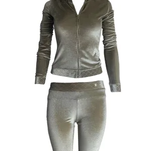 Chanel Olive Velour Logo Track Suit