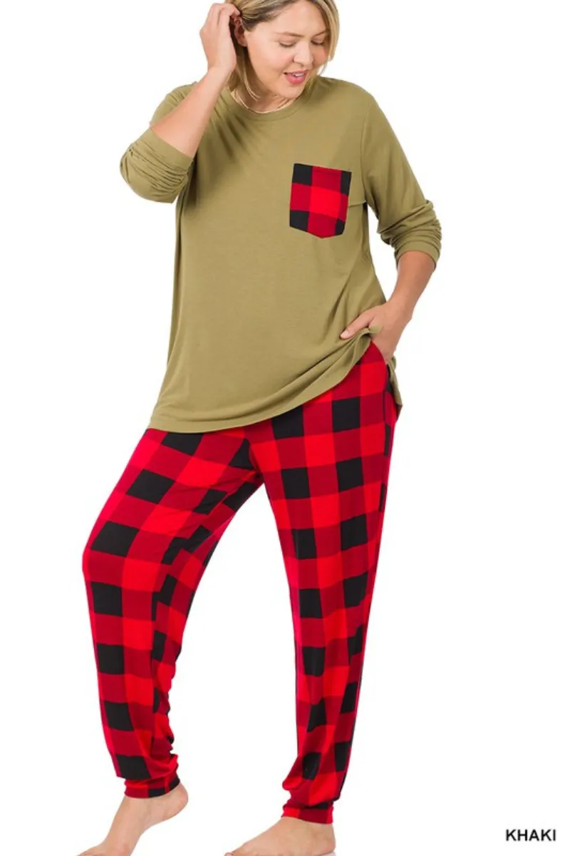 Curvy Khaki Buffalo Plaid PJ Set