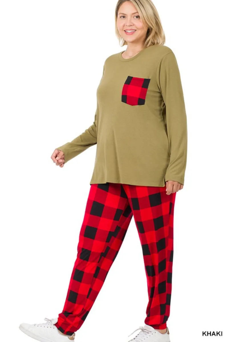 Curvy Khaki Buffalo Plaid PJ Set