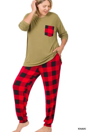Curvy Khaki Buffalo Plaid PJ Set