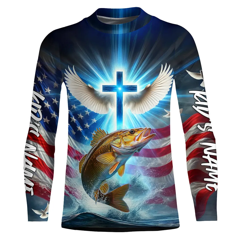 Custom Faith Walleye Patriotic Kid Long Sleeve Tournament Fishing Shirt, US Fishing Jerseys IPHW8174
