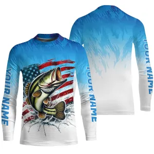Custom Patriotic Largemouth Bass Kid Long Sleeve Fishing Shirts, Blue American Flag US Fishing Shirt IPHW7951