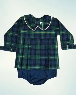Dark green plaid long sleeves shirt and shorts set