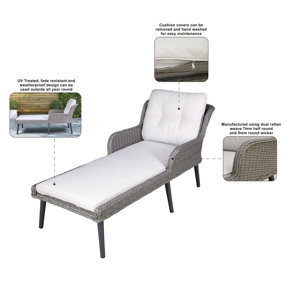 Dellonda Buxton Rattan Wicker Sun Lounger with Armrests Washable Cushions, Grey
