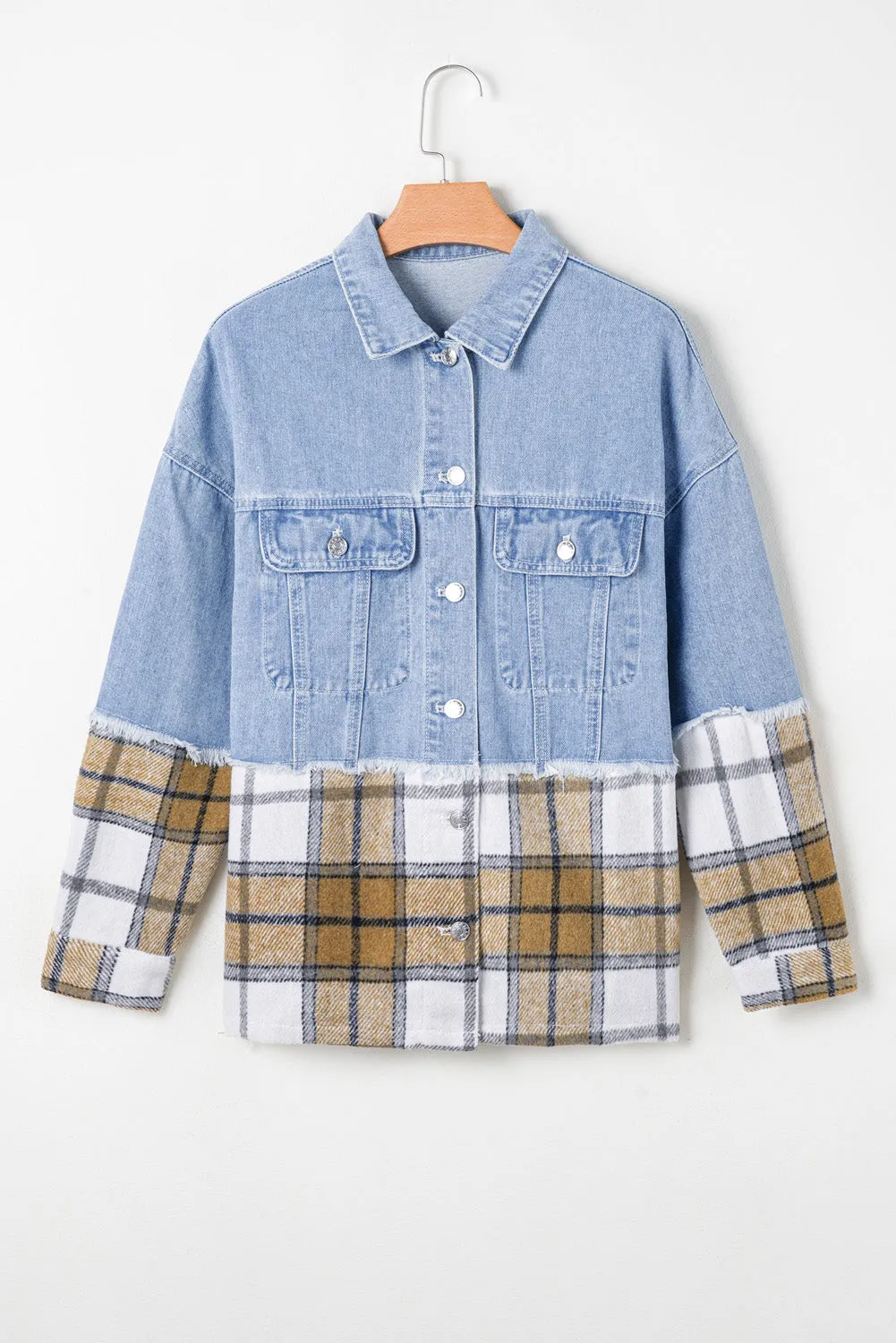 Downtown Errands Khaki Plaid/Patchwork Oversized Denim Jacket