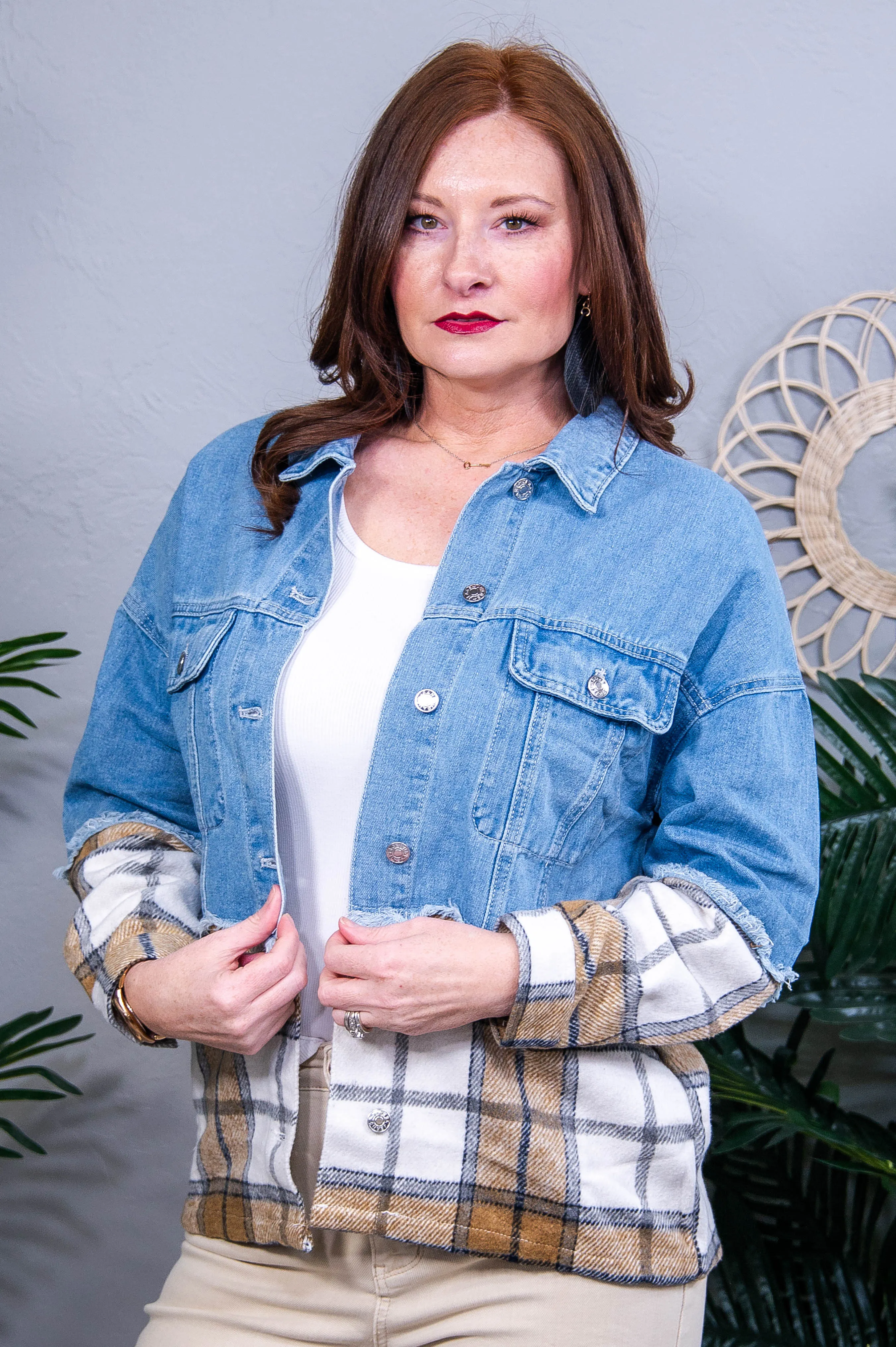 Downtown Errands Khaki Plaid/Patchwork Oversized Denim Jacket