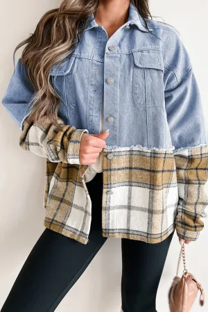 Downtown Errands Khaki Plaid/Patchwork Oversized Denim Jacket