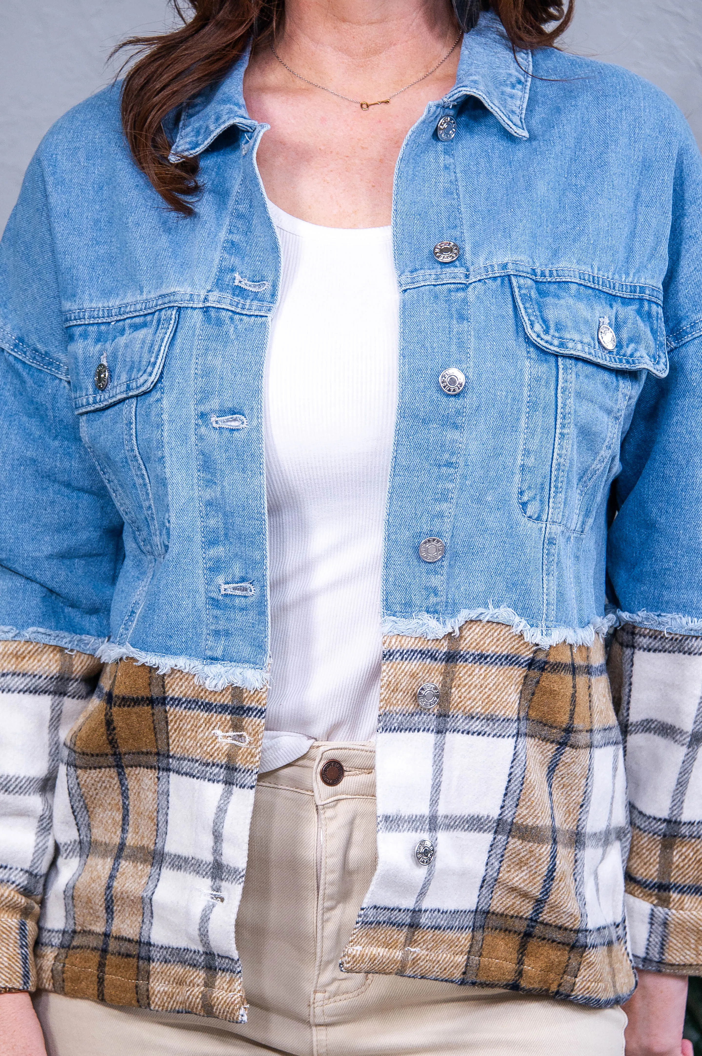 Downtown Errands Khaki Plaid/Patchwork Oversized Denim Jacket
