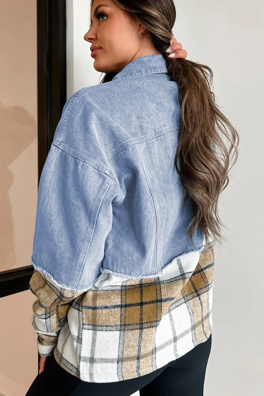 Downtown Errands Khaki Plaid/Patchwork Oversized Denim Jacket