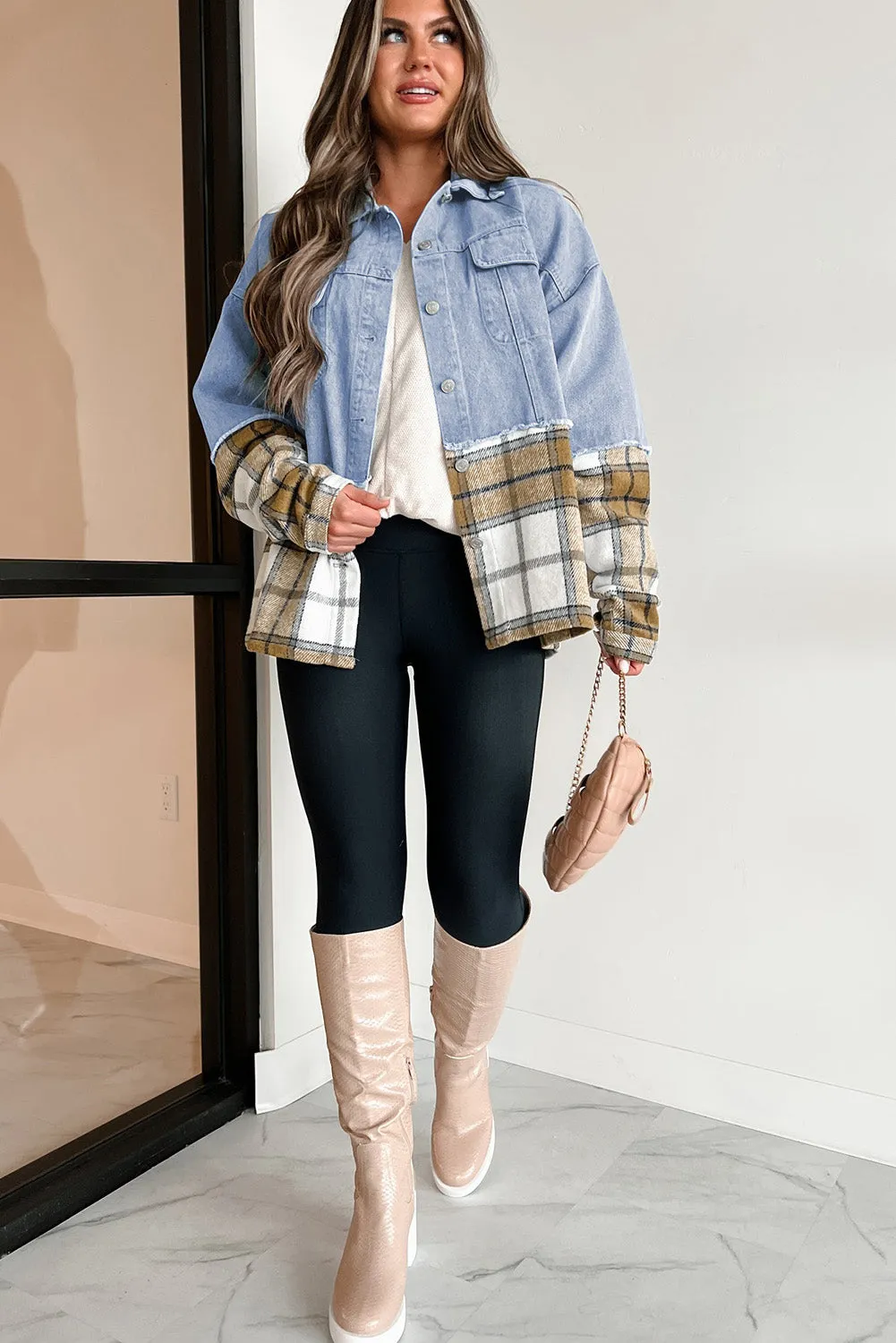 Downtown Errands Khaki Plaid/Patchwork Oversized Denim Jacket