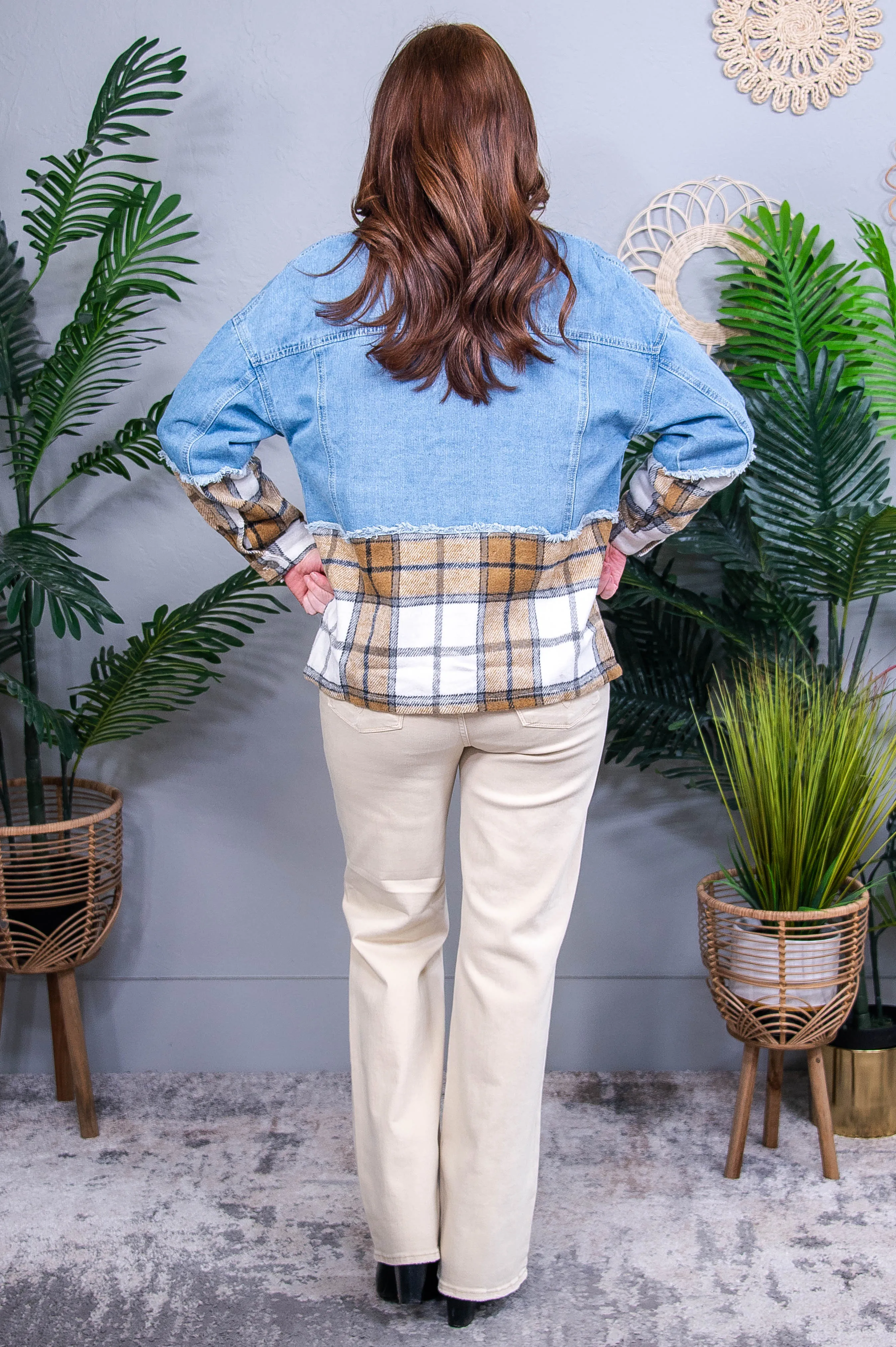 Downtown Errands Khaki Plaid/Patchwork Oversized Denim Jacket