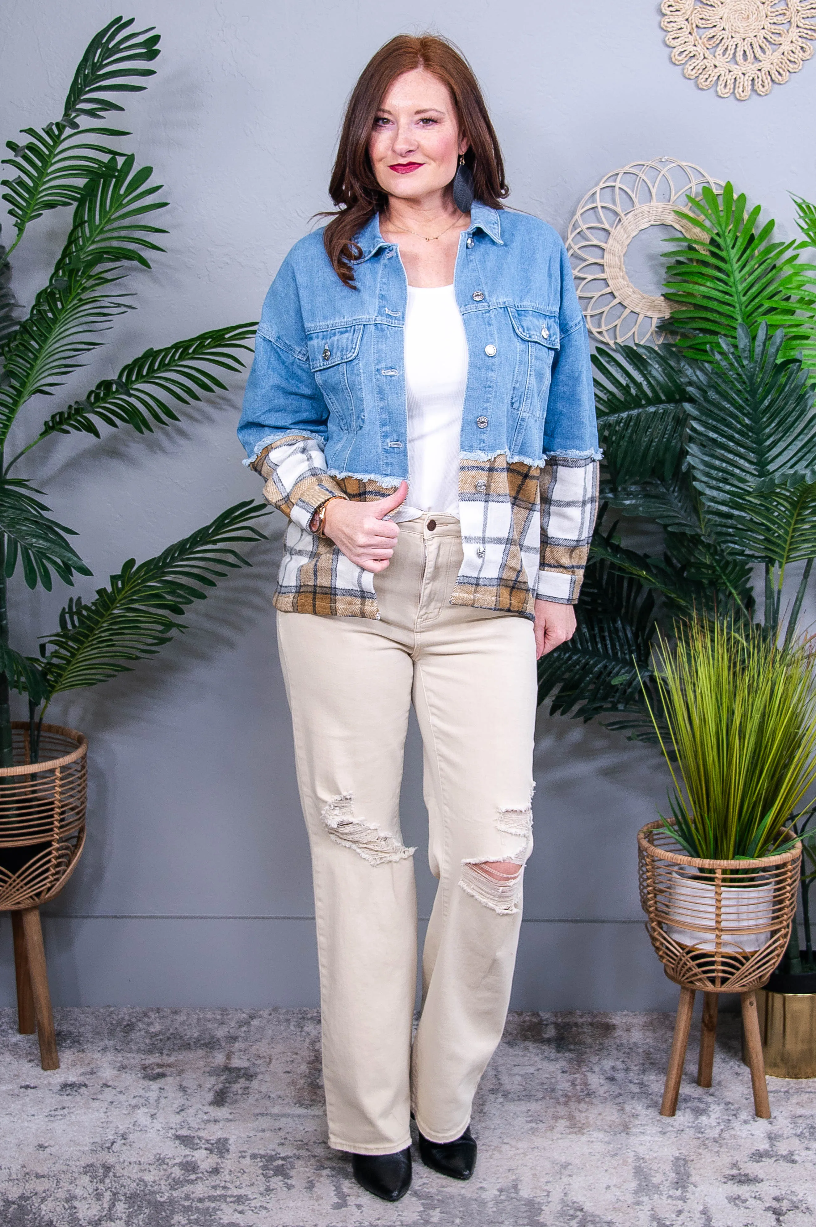 Downtown Errands Khaki Plaid/Patchwork Oversized Denim Jacket