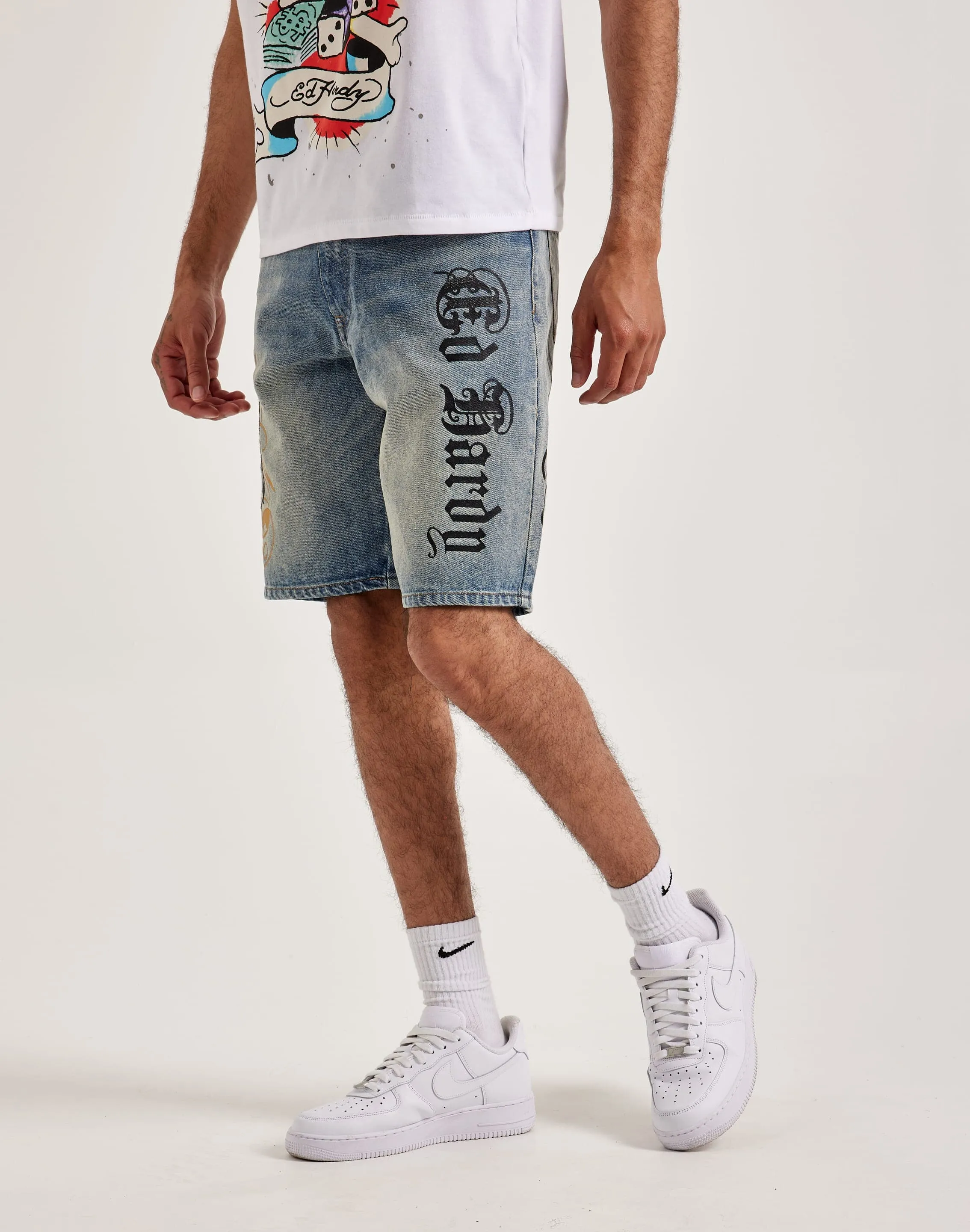 Ed Hardy Crouching Panther Skater Denim Shorts