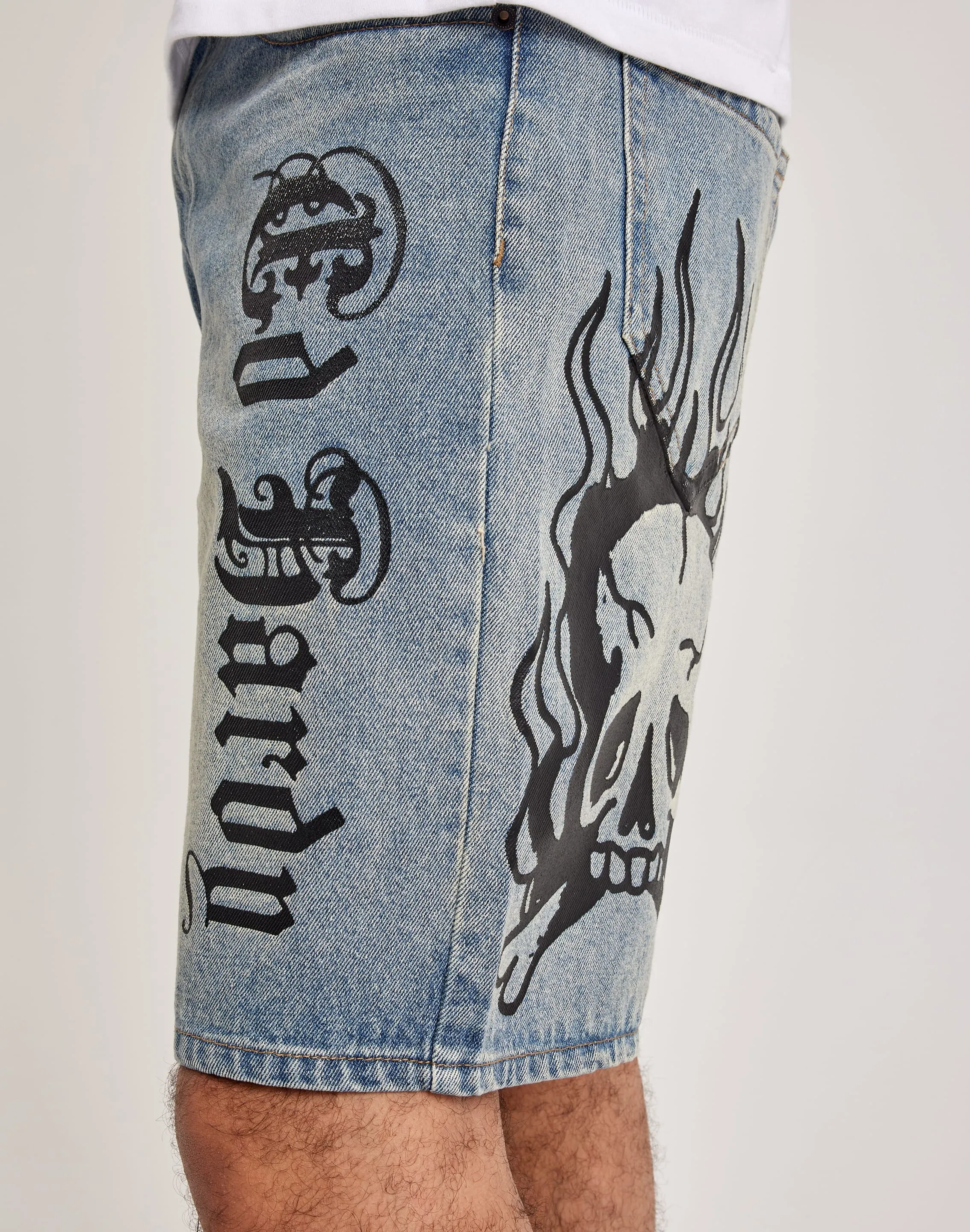 Ed Hardy Crouching Panther Skater Denim Shorts
