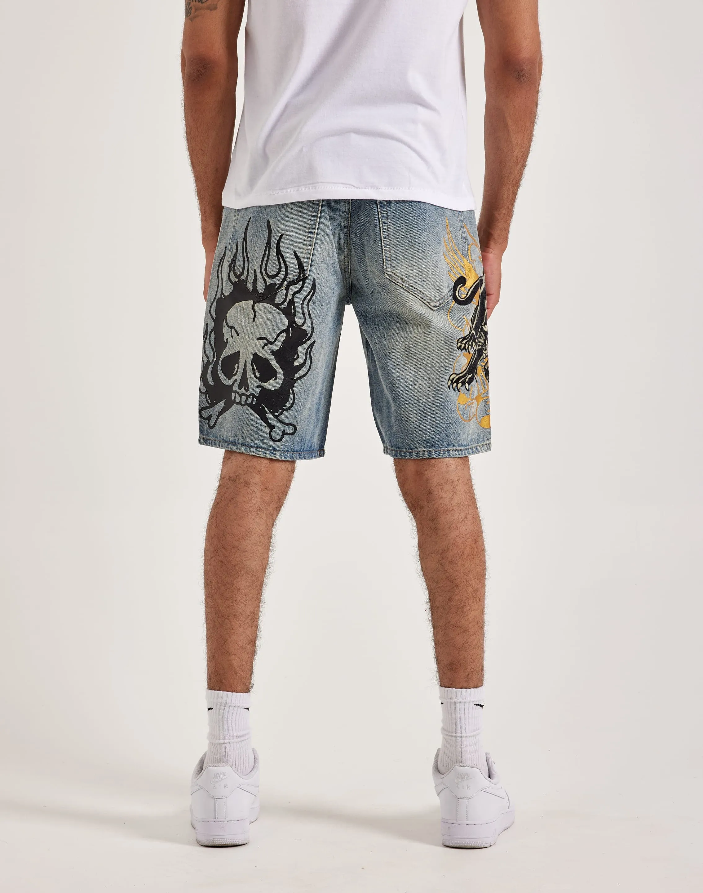 Ed Hardy Crouching Panther Skater Denim Shorts