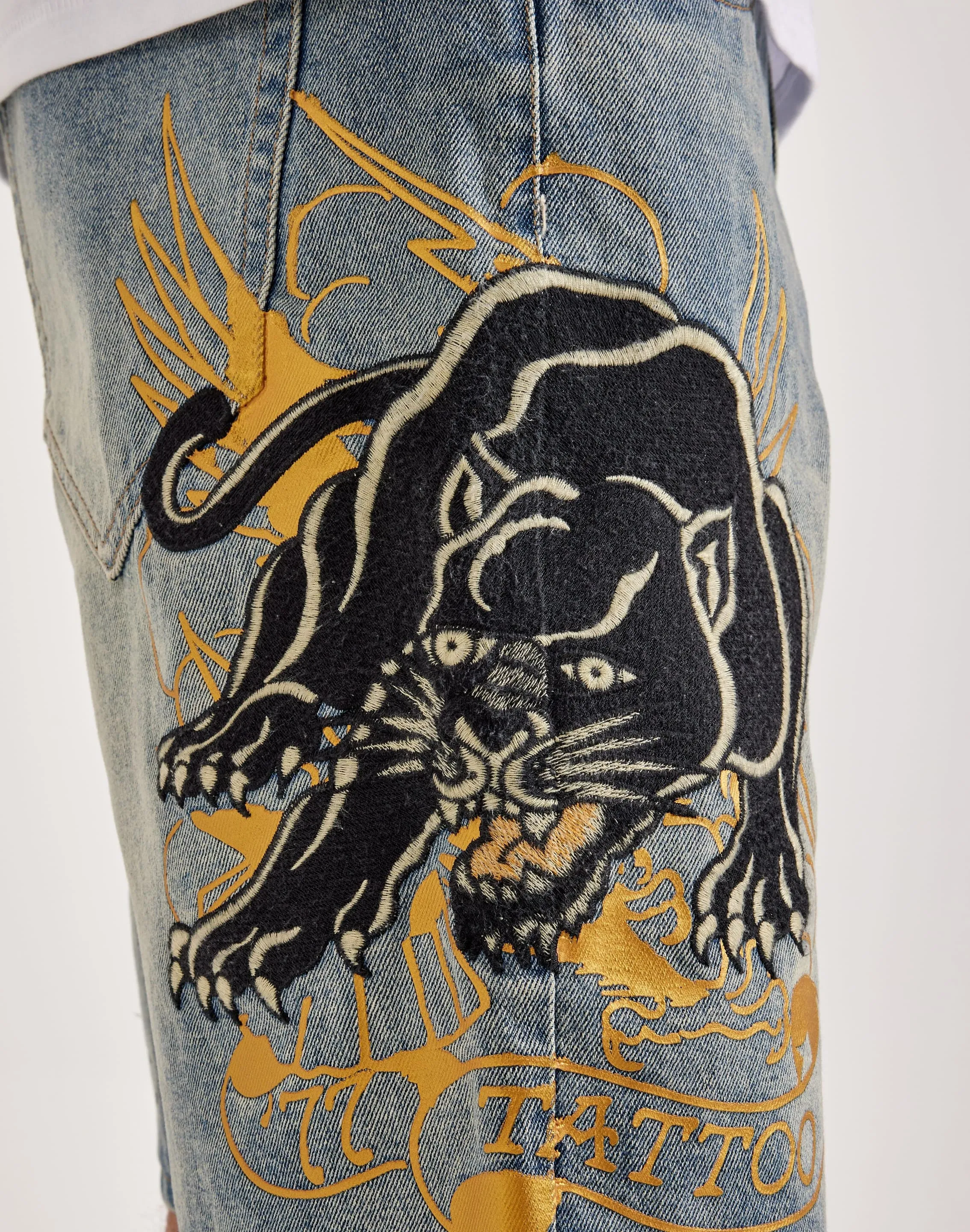 Ed Hardy Crouching Panther Skater Denim Shorts