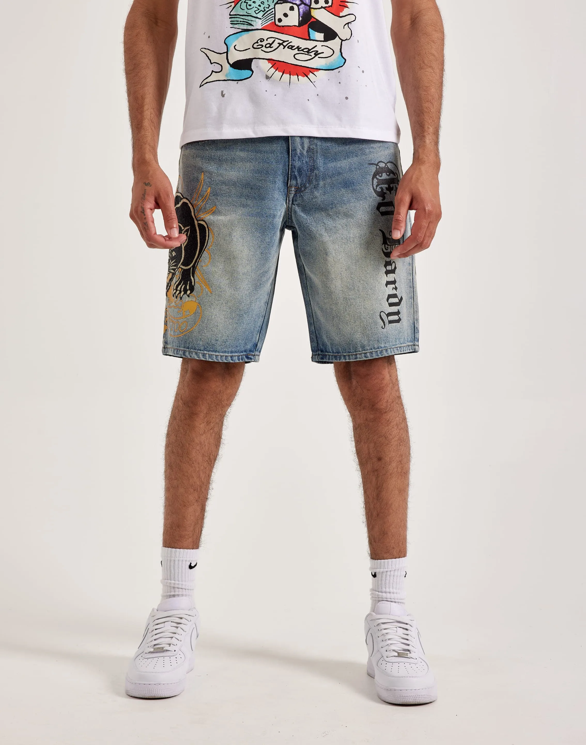 Ed Hardy Crouching Panther Skater Denim Shorts