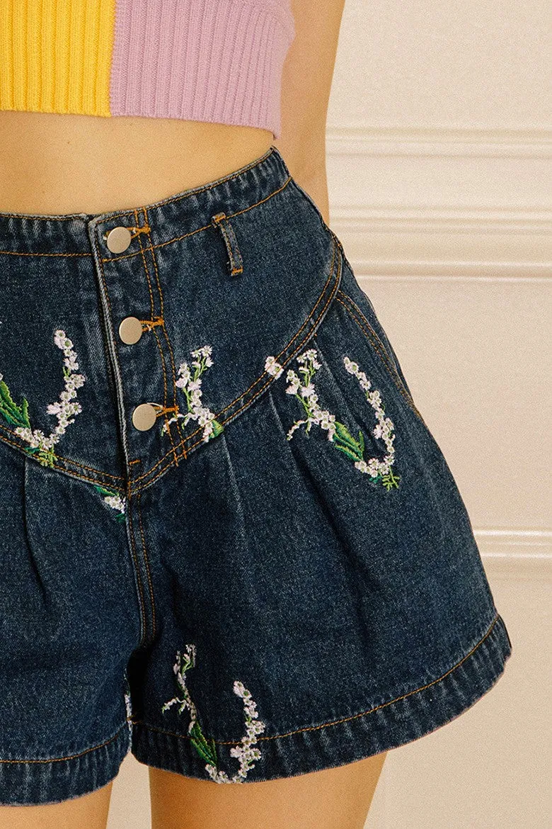 EMBROIDERED FLORAL BAGGY DENIM SHORTS