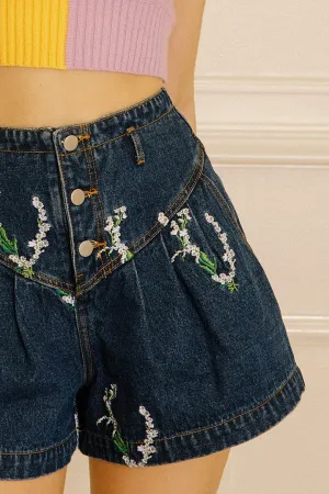 EMBROIDERED FLORAL BAGGY DENIM SHORTS