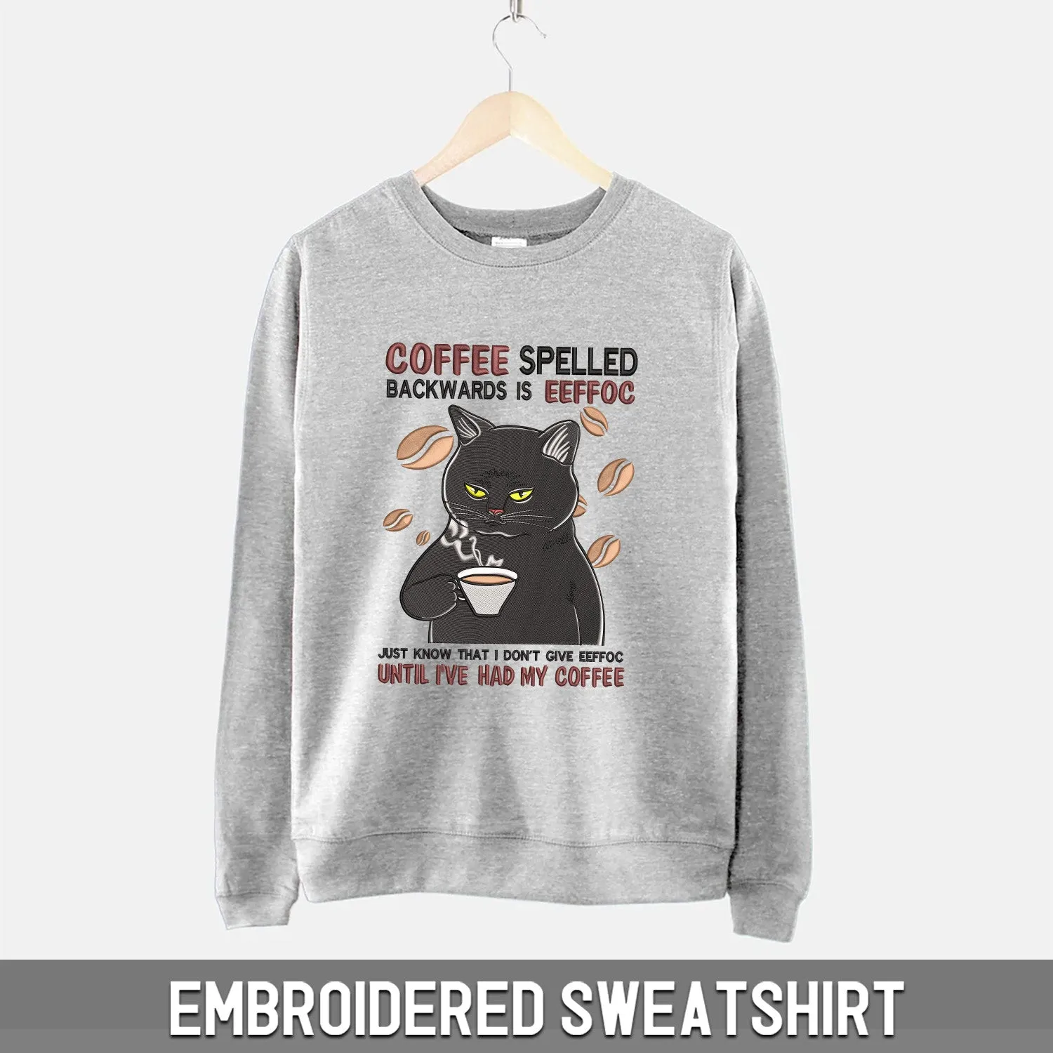 Embroidered Sweatshirt - Coffee Eeffoc Cat