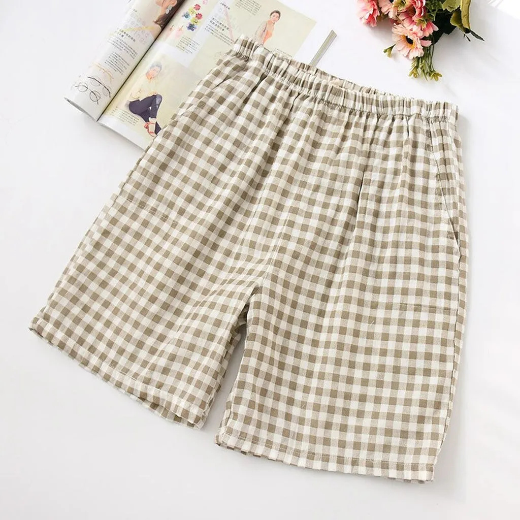 Fashion Plaid Shorts Sleep Bottoms Men Sleepwear Pants Soft 100% Cotton Home Shorts Men Casual Pajamas Pants Male Hot Sale