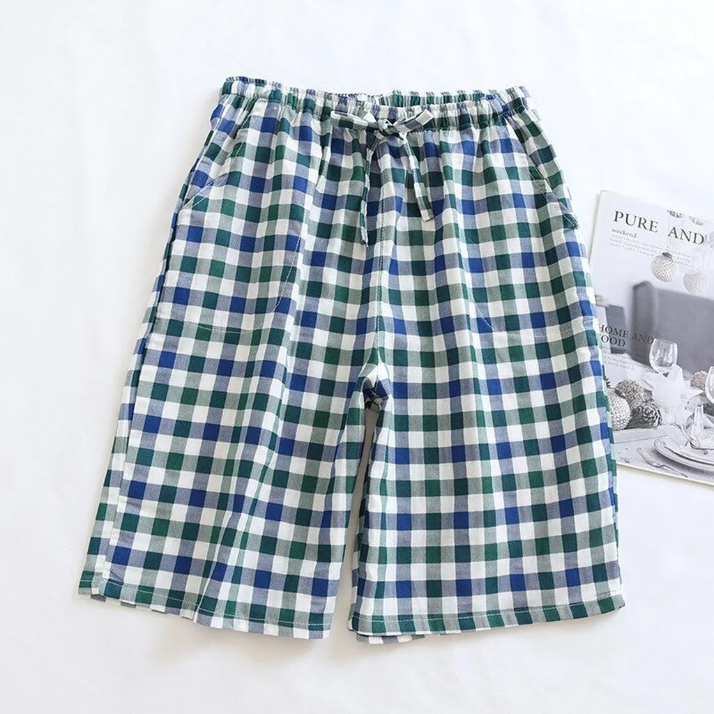 Fashion Plaid Shorts Sleep Bottoms Men Sleepwear Pants Soft 100% Cotton Home Shorts Men Casual Pajamas Pants Male Hot Sale